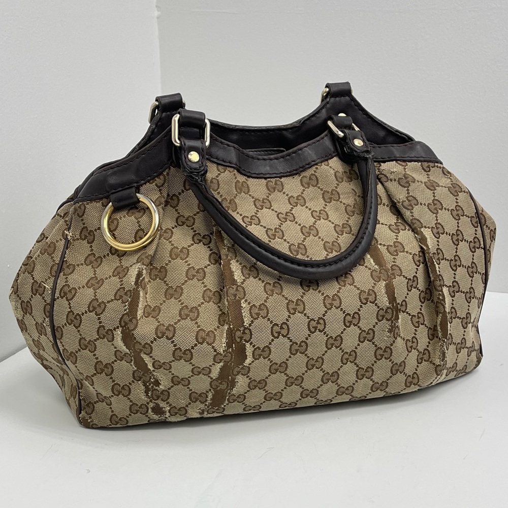 Gucci Beige Brown Monogram Canvas Tote with Dark Brown Trim